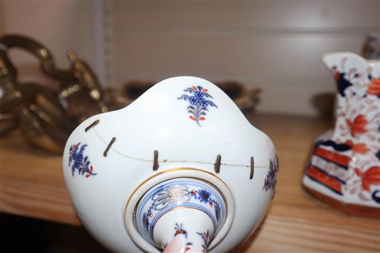 A pair of Masons jugs, two Meissen pedestal dishes, a Copenhagen dish and Bavarian gilt and floral dish.